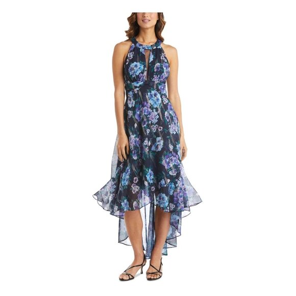 Nightway Women Maxi Party Fit + Flare Dress Round Neck Inset Hi Lo Hem Navy SZ 2 - Picture 1 of 4